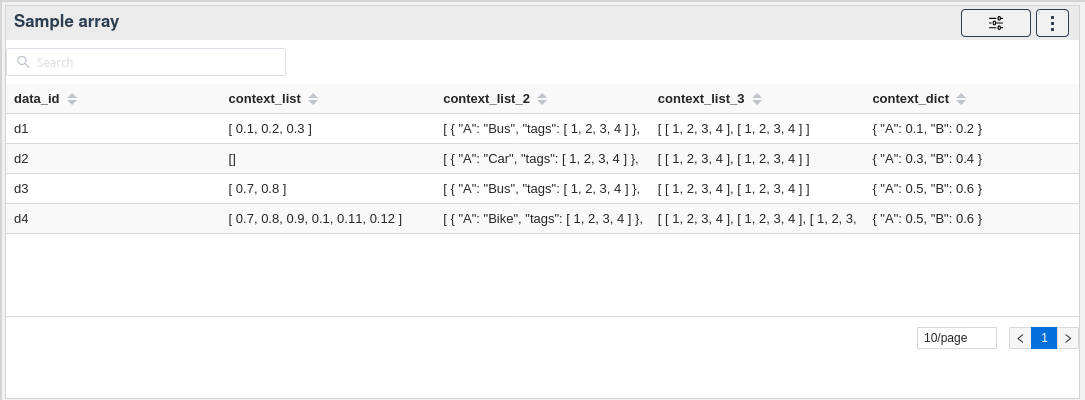 Array and dictionary columns in the sample array widget